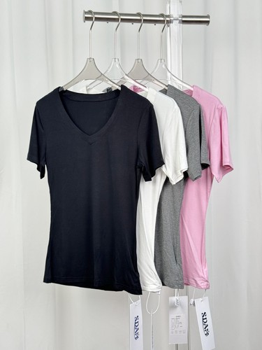 T-shirt donna manica corta scollo a V nuova sciolta sexy slim fit top base shirt - Foto 9 di 25