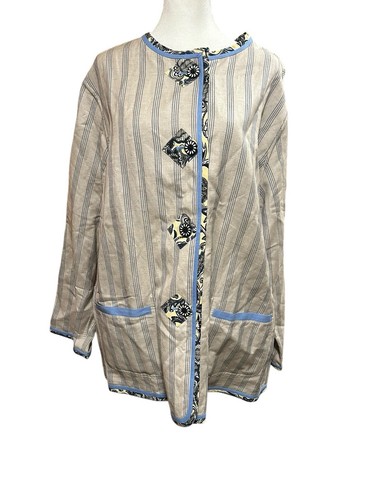 Koos Of Course Linen Blend Reversible Jacket 1X Blue Ivory Button Up Pockets - Picture 1 of 4