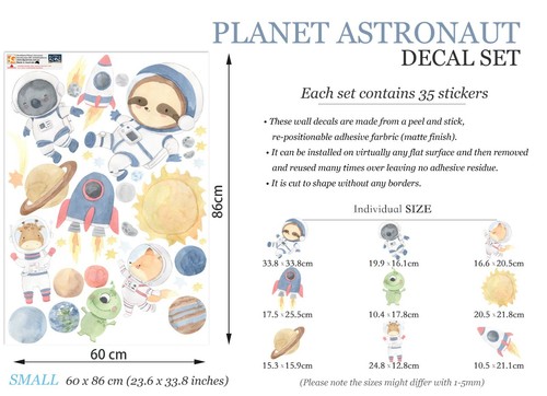 Solar System Asteroids Spaceship Rocket Koala Sloth Removable Wall Decal Sticker - Bild 4 von 5