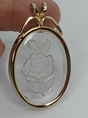 Vintage Rose Flower Pendant Reverse Carved Clear Lucite Gold Tone - Picture 2 of 11