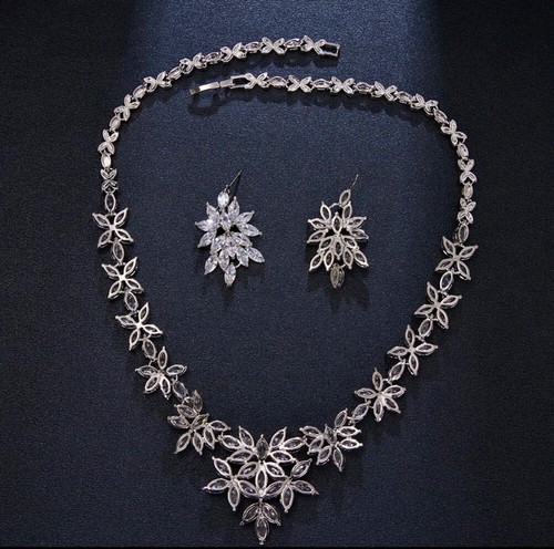 18k White Gold Plated Marquise Simulated Diamond Necklace Earrings Set Gorgeous - Picture 6 of 11