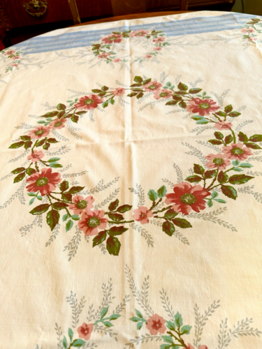 Vtg Cotton Tablecloth Pink Flowers Floral Circles Blue Border 44" x 51" MCM FrSh - Picture 4 of 12