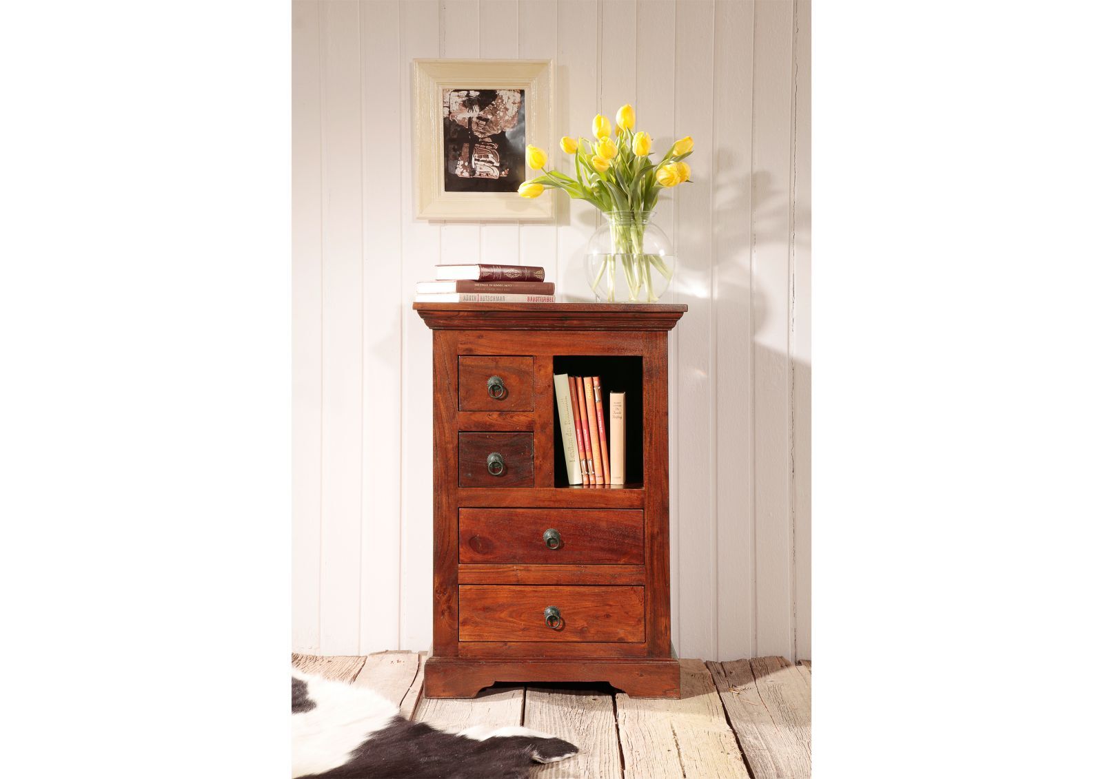 Holzkommode Sideboard schmal klein 55cm Akazie Holz massiv dunkelbraun kolonial