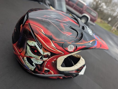 GMAX Red & Black Motocross Racing Helmet Grimm Reaper Skull Raven 46Y Youth - Picture 15 of 18