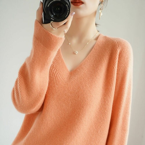 Women's Loose Warm Knitted Jumper V Neck Cashmere Sweater Long Sleeve Pullover - Imagen 6 de 17