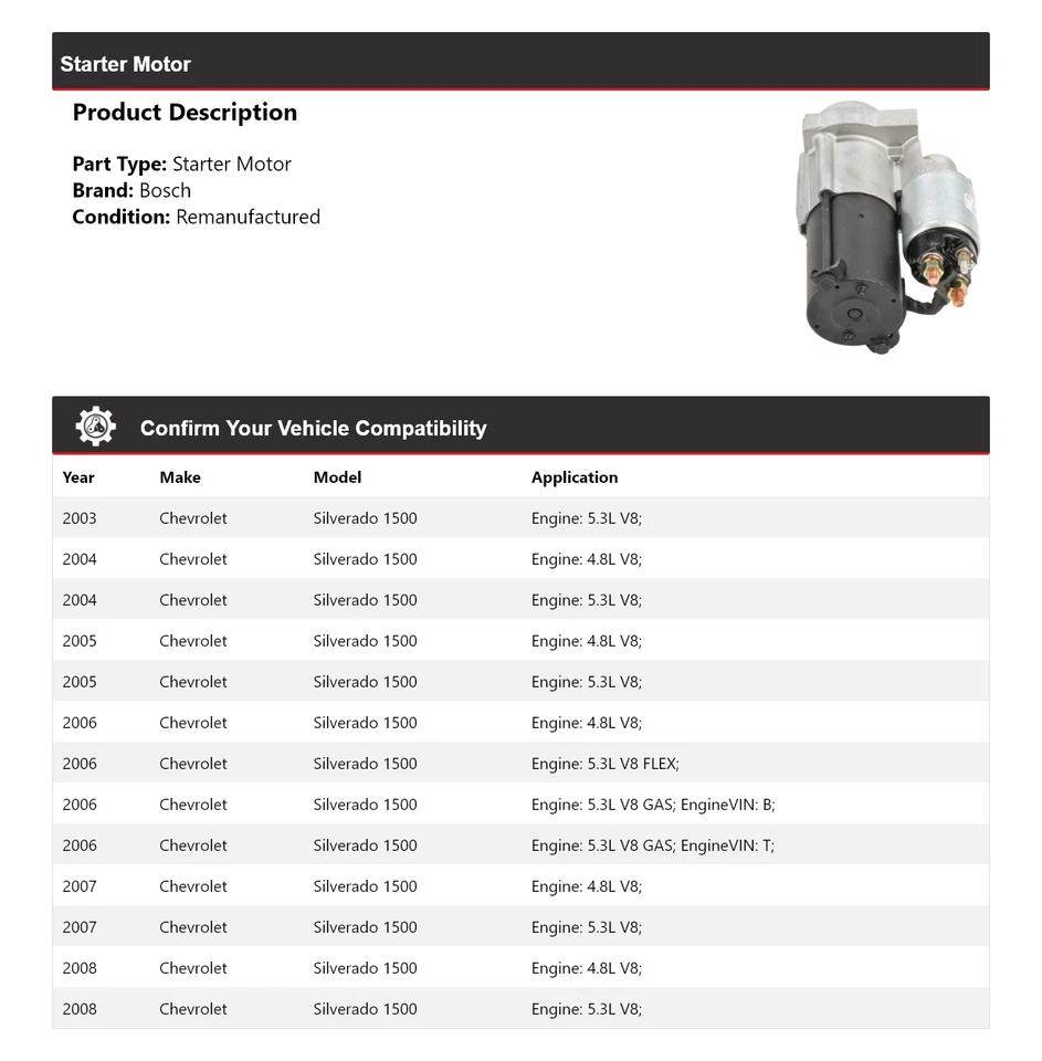 Стартер (восстановленный) 2004 2005 для Chevrolet Silverado 1500 Bosch 2003-2008 годов выпуска - Изображение 2 из 4