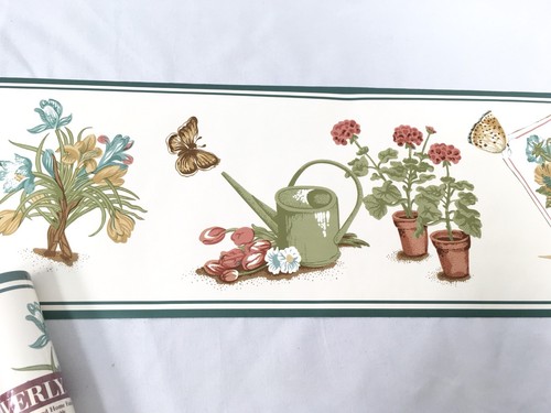 Waverly Wallpaper 6.85" Border Cream Garden Seed Flower Basket Butterfly Pansies - Picture 4 of 6