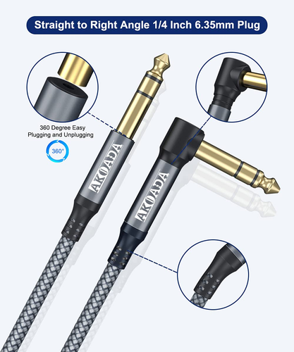 Cable de instrumento TRS de 1/4 pulgadas Akoada (paquete de 2 pies), conector macho de ángulo recto de 6,35 mm - Imagen 3 de 12
