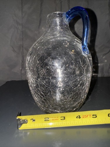 Blenko Crackle Glass Pitcher Vase Applied Blue Handle 8x5 - Picture 3 of 24