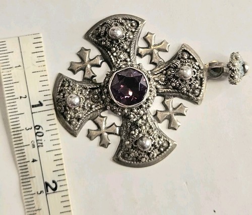 Vintage Sterlingsilber Jerusalem Amethyst Kreuzritter Kreuz Halskette Anhänger - Bild 5 von 6