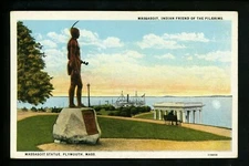 Native Americana postcard Massasoit Indian Statue Cole's Hill Plymouth MA