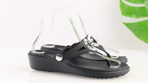 Crocs Womens Sanrah Sandal Size 6 Black Silver Studded Thong Slide Shoe Wedge - Video 1 of 1