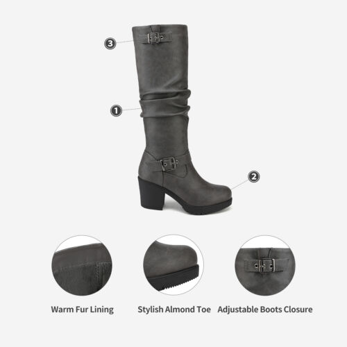 Women's Faux Fur Knee High Low Chunky Heel Zip Winter Riding Boots Size 5-11 US - Picture 6 of 11
