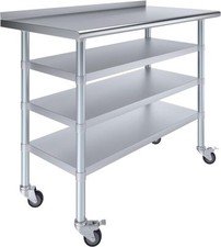 NSF Stainless Steel Work Table w/ 3 Shelves, Wheels & 1.5" Backsplash – Kitchen