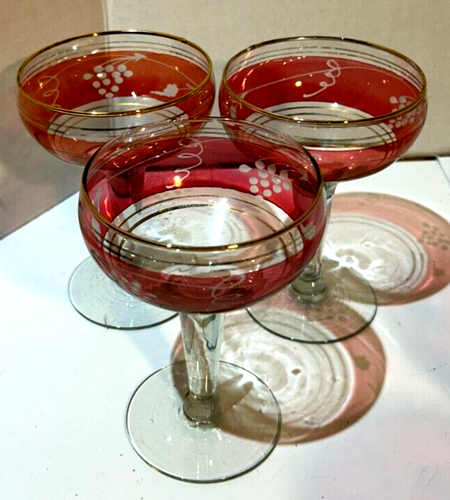 Vtg. Cranberry With Clear Stem Glasses Set Of 7 - Picture 7 of 13