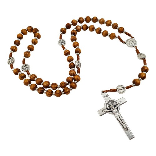 Collar católico con cuentas de rosario de madera de olivo medalla crucifijo caja de regalo - Imagen 4 de 8