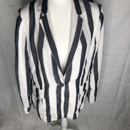 FRAME Women's Linen Classic Striped One Button Blazer Blue White Size 8 - Picture 2 of 7