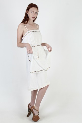 Vtg 70s Country Festival Dress White Eyelet Floral Striped Lace Sundress Mini - Picture 4 of 6