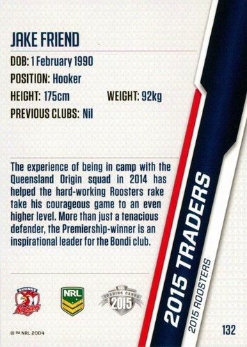 2015 SYDNEY ROOSTERS NRL Card JAKE FRIEND Traders - Picture 2 of 2