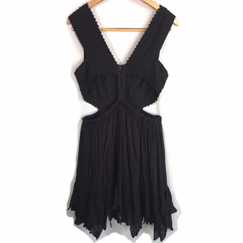 Free People Black Mini Dress Embroidery Boho Side Cutout V-Neck Womens Size 6 - Picture 7 of 12