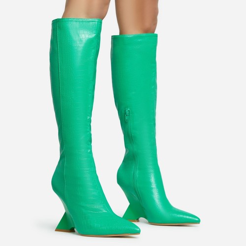 NEW GREEN MOCK CROC PRINT LADIES 5 HIGH WEDGE HEEL POINTED TOE KNEE HIGH BOOTS - Picture 14 of 24
