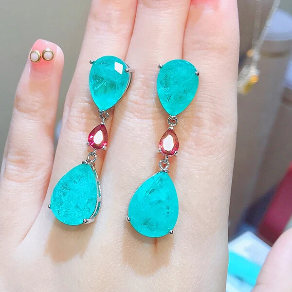 Nuevos pendientes colgantes de plata con gemas de turmalina verde neón joyería para mujer con encanto Foto 4 de 4