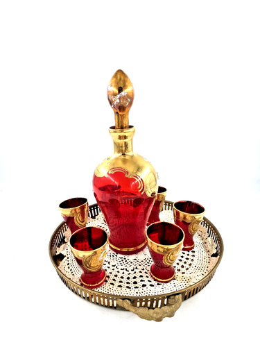 Likörset Karaffe mit 6 Gläsern & Tablett Rot Gold Handbemalt Vintage Böhmen rar - Picture 4 of 10