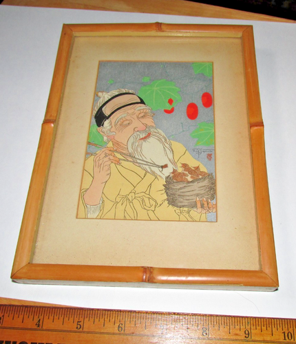 Paul Jacoulet LE NID COREE ORIG Holzschnitt WEIHNACHTEN NEUJAHR KARTE GERAHMT