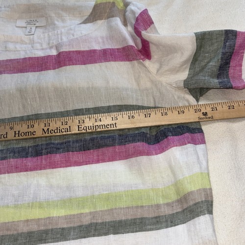 Charter Club Lux Linen Striped Top Multicolor Beach Coastal Roll Tab Sleeves SzM - Picture 4 of 8