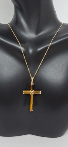 Tiger's Eye Cross Pendant/Necklace 14k 18" Yellow Gold ROPE Chain Cross LOVER - Picture 12 of 13