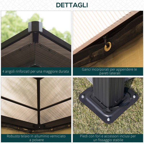 Outsunny Gazebo da Giardino 3x3.6m con Zanzariera e Tetto in Policarbonato - Foto 7 di 10