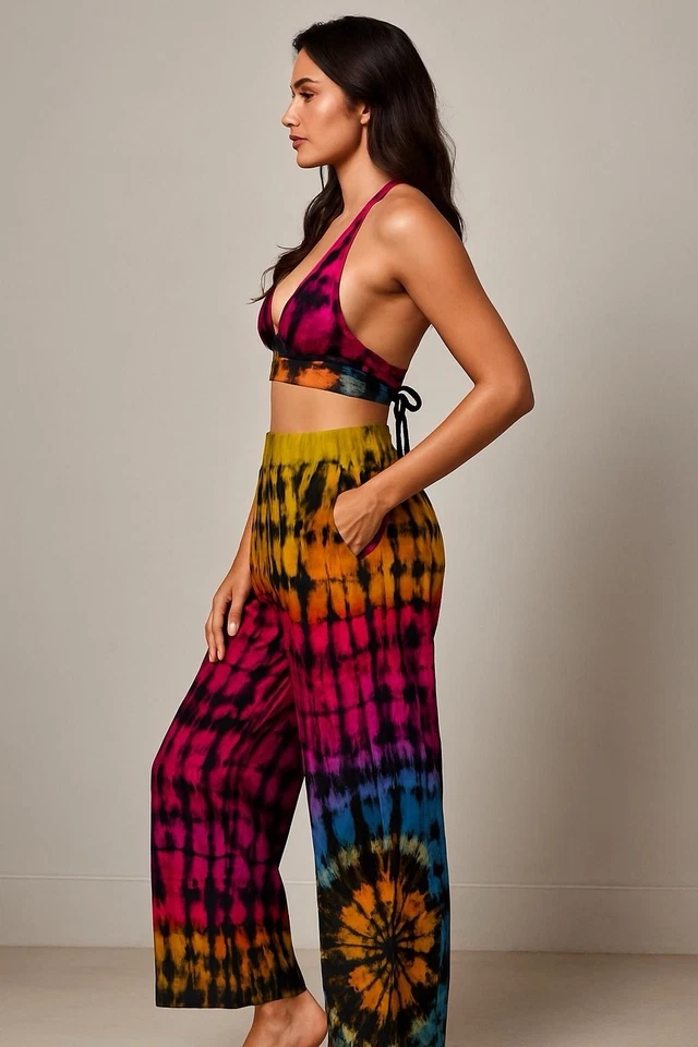 Vibrante conjunto de dos piezas tie-dye - top corto halter y pantalones de pierna ancha Foto 2 de 2