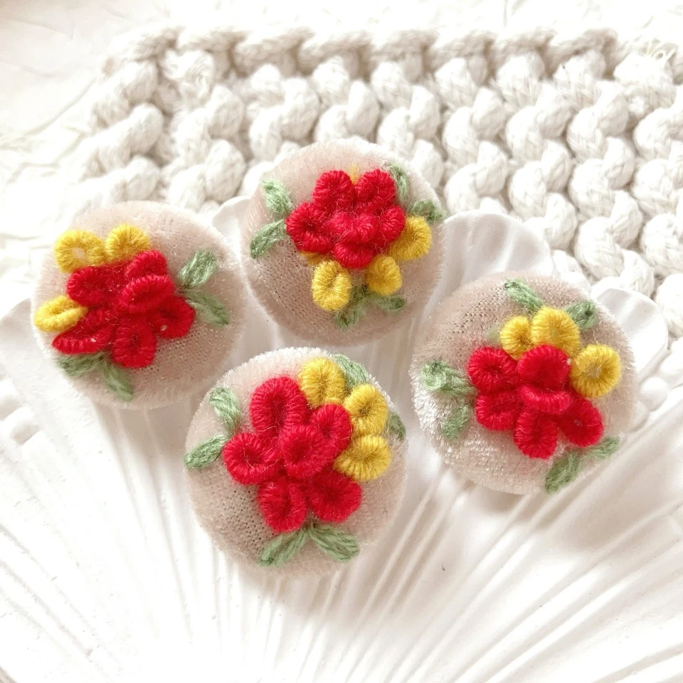 2pcs 28mm Red flower plants embroidered velvet  fabric covered shank buttons  - Image 3 of 4