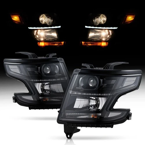 Black Headlights Projector For 2015-2020 Chevy Tahoe Suburban Headlamp w/LED DRL
