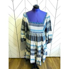 Free People Womens Large Blue Indigo All Lined Up Mini Dress Striped Cottage New