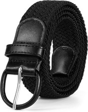 Women Braided Woven Elastic Belt Stretch Canvas Belt with Leather Buckle