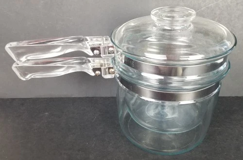 Vtg PYREX Clear Glass Flameware Double Boiler w/Lid 1.5 Qt Original #6283