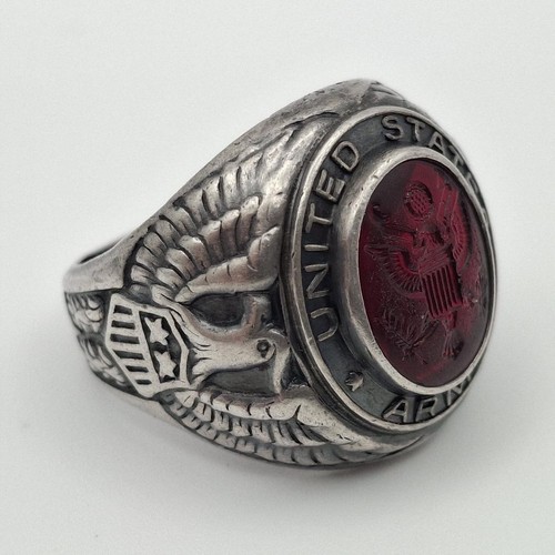 Vintage 925 Sterling Silver US Army Seal Red Intaglio Glass Signet Ring Size 7.5 - Picture 3 of 11