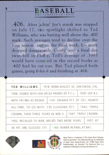 Ted Williams 1994 Upper Deck Baseball: The American Epic GM #9 Red Sox FREE SHIP - Picture 2 of 2