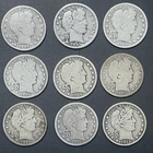 BARBER QUARTERS 90% Silver -  Lot Of 9 - U.S. .25 Cent Coins 18975-1912