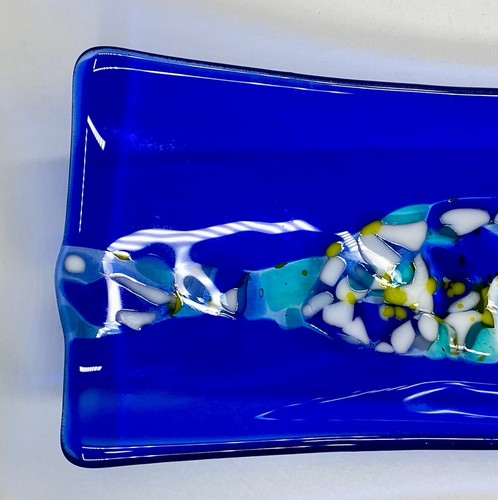 VTG Blue Confetti Fused Art Glass Oblong Tray / Dish, Signed Tim(?) Nauer. - Picture 2 of 14