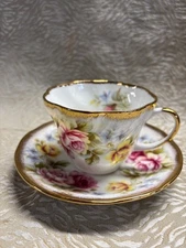 Queen’s Fine Bone China England Pink/Yellow Roses Floral Cup And Saucer Gold Rim