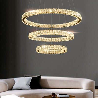 Luxury LED Crystal Pendant Lamp Gold Ceiling Light Rings Living Room Chandelier