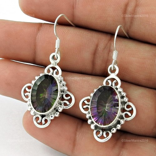 Mystic Topaz Gemstone Solid 925 Silver Bezel Dangle Trendy Daughter Earrings