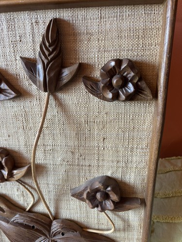 Mid Century Carved Wood Floral Wall Art ~ Burlap Background 13.5 x 22 ~ Framed - Picture 2 of 5