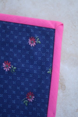 Handmade Potholder, Blue with Flowers and Dots and Bright Pink Binding - Picture 3 of 4