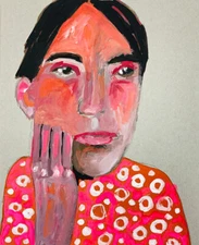 Original Portrait Painting 8x10 Naive Outsider Art Boy Pink Circles Miz Katie