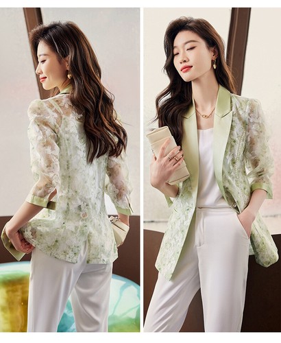 Women's Suit Coat Printed Mesh Suit Jacket Thin Summer One Button Casual Jackets - Picture 18 of 25