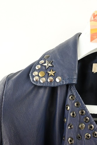 Arabella Ramsey studded prussian blue 3/4 sleeve leather jacket size UK10 - Picture 8 of 13