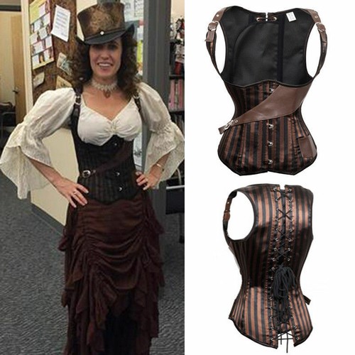 Women Faux Leather Corset Burlesque Bustier Steampunk Boned Overbust Lace Up Top - Picture 6 of 35